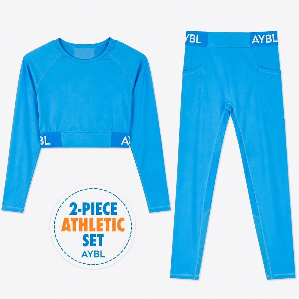 AYBL Womens 2 Piece Athletic Set Blue Long Sleeve Crop Top Leggings Mesh Pockets